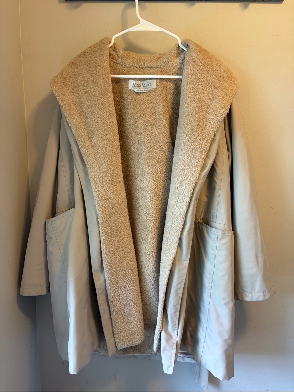 Max Mara Alpaca Virgin Wool Lined Belted Coat Beige Made Italy Size 4
